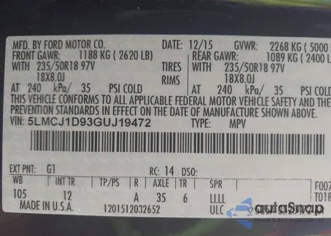 2016 Lincoln Mkc Premier из США, поврежденный, VIN 5LMCJ1D93GUJ19472